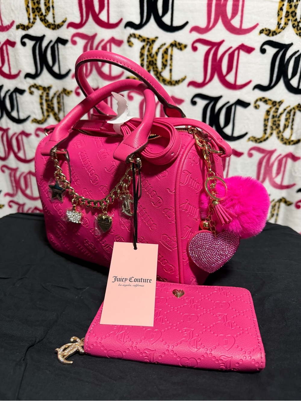 Juicy Couture Bright Pink Embossed Satchel with Charm Accents